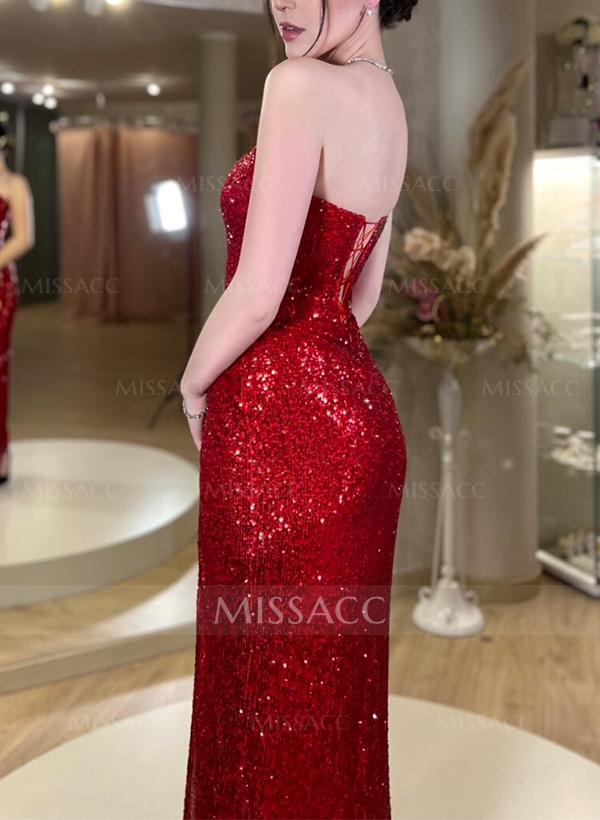 Sheath/Column Ankle-Length Sequined Evening Dresses With Split Front