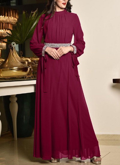 A-Line High Neck Long Sleeves Chiffon Evening Dresses With Sequins