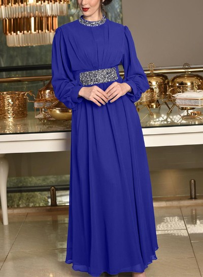 A-Line High Neck Long Sleeves Chiffon Evening Dresses With Sequins