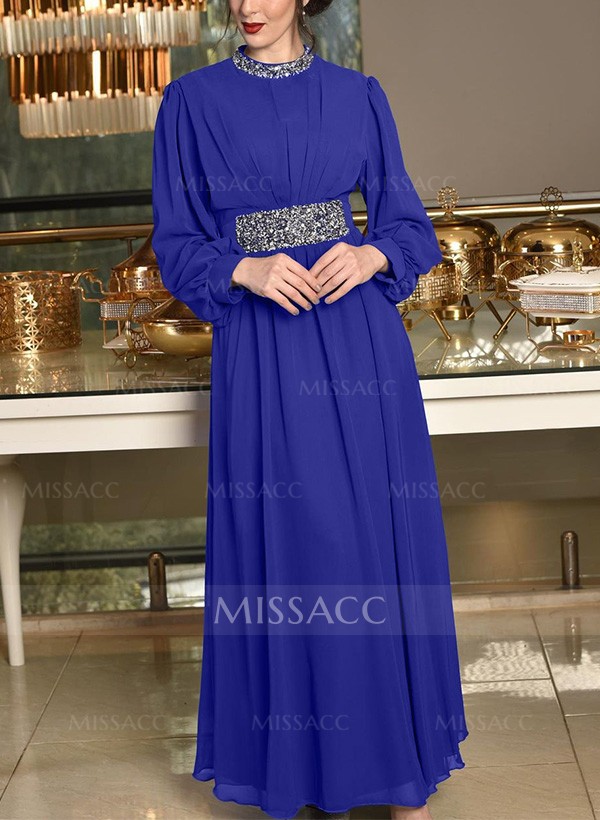 A-Line High Neck Long Sleeves Chiffon Evening Dresses With Sequins