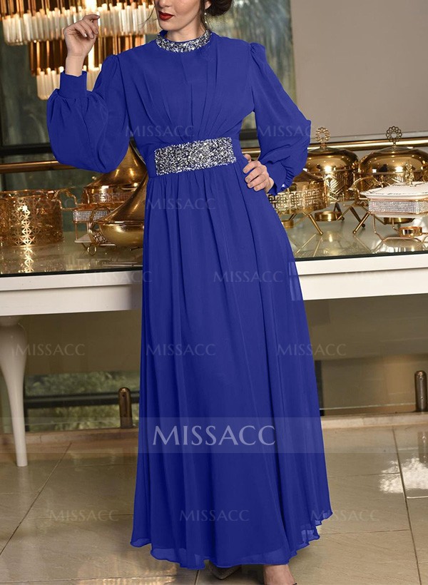 A-Line High Neck Long Sleeves Chiffon Evening Dresses With Sequins