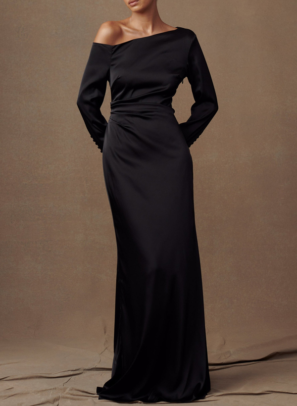 Sheath/Column Asymmetrical Long Sleeves Silk Like Satin Evening Dresses