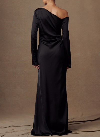 Sheath/Column Asymmetrical Long Sleeves Silk Like Satin Evening Dresses