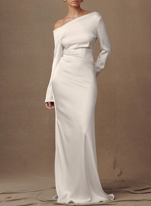 Sheath/Column Asymmetrical Long Sleeves Silk Like Satin Evening Dresses