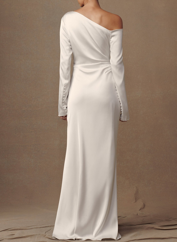 Sheath/Column Asymmetrical Long Sleeves Silk Like Satin Evening Dresses