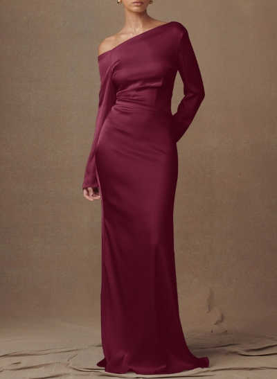 Sheath/Column Asymmetrical Long Sleeves Silk Like Satin Evening Dresses