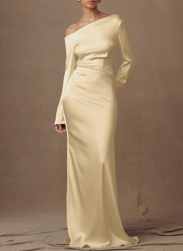 Sheath/Column Asymmetrical Long Sleeves Silk Like Satin Evening Dresses $139
