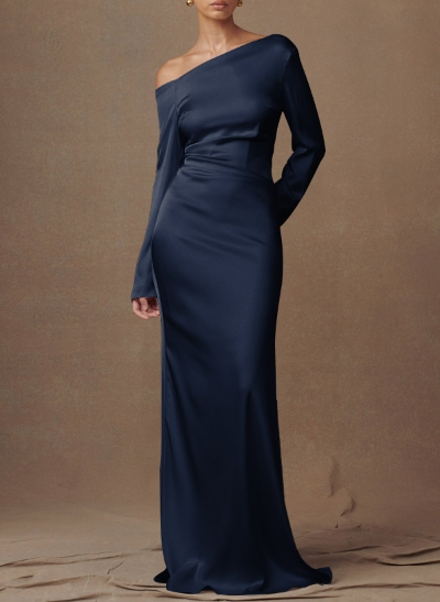 Sheath/Column Asymmetrical Long Sleeves Silk Like Satin Evening Dresses