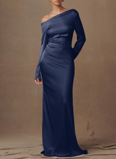 Sheath/Column Asymmetrical Long Sleeves Silk Like Satin Evening Dresses