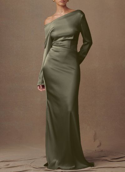 Sheath/Column Asymmetrical Long Sleeves Silk Like Satin Evening Dresses