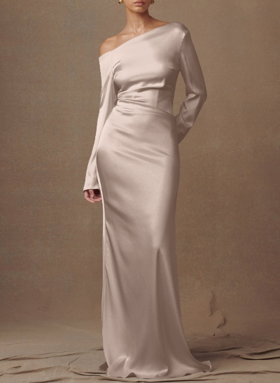 Sheath/Column Asymmetrical Long Sleeves Silk Like Satin Evening Dresses