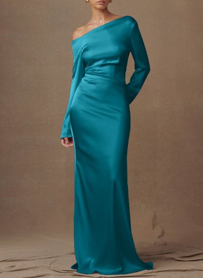 Sheath/Column Asymmetrical Long Sleeves Silk Like Satin Evening Dresses