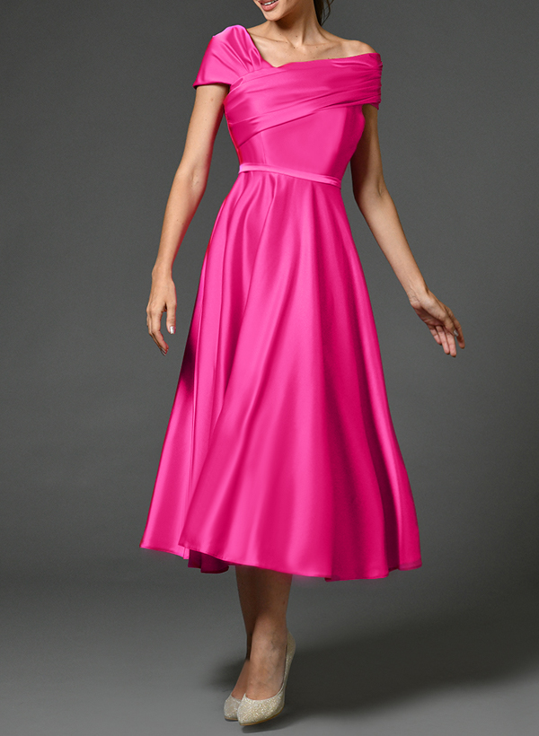 A-Line Asymmetrical Sleeveless Tea-Length Satin Bridesmaid Dresses