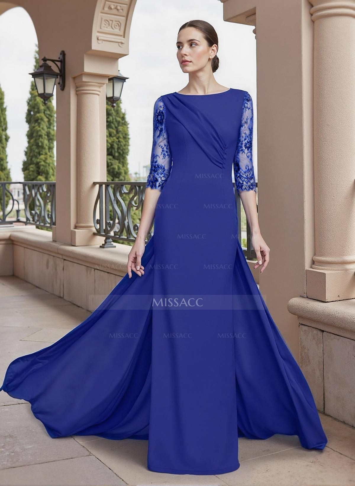 Sheath/Column Scoop Neck 3/4 Sleeves Chiffon Mother Of The Bride Dresses With Lace