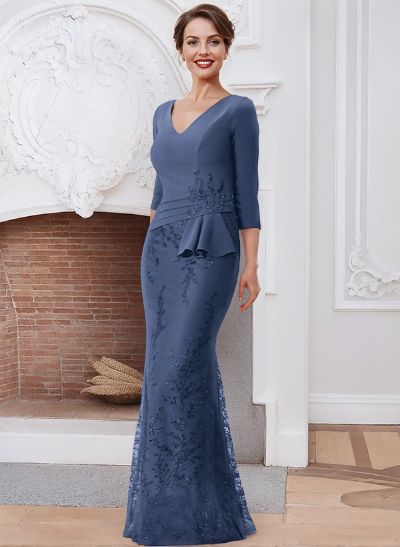 Sheath/Column V-Neck Elastic Satin Mother Of The Bride Dresses With Lace