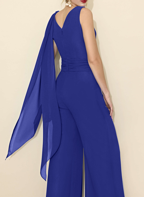 Jumpsuit/Pantsuit V-Neck Chiffon Mother Of The Bride Dresses With Bow(s)