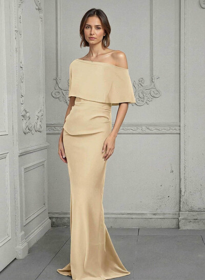 Sheath/Column Asymmetrical Short Sleeves Elastic Satin Mother Of The Bride Dresses