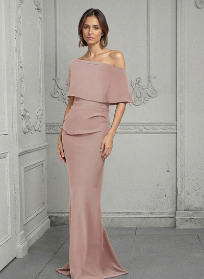 Sheath/Column Asymmetrical Short Sleeves Elastic Satin Mother Of The Bride Dresses