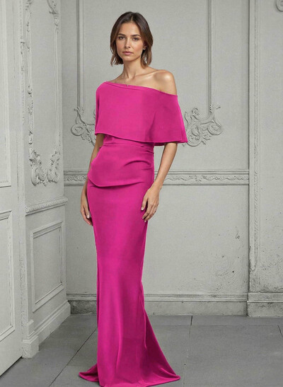 Sheath/Column Asymmetrical Short Sleeves Elastic Satin Mother Of The Bride Dresses