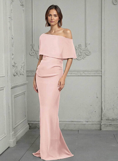 Sheath/Column Asymmetrical Short Sleeves Elastic Satin Mother Of The Bride Dresses