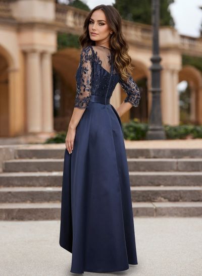 A-Line Illusion Neck Satin Mother Of The Bride Dresses With Appliques Lace