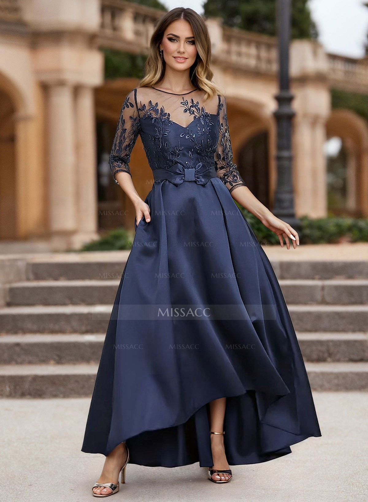 A-Line Illusion Neck Satin Mother Of The Bride Dresses With Appliques Lace