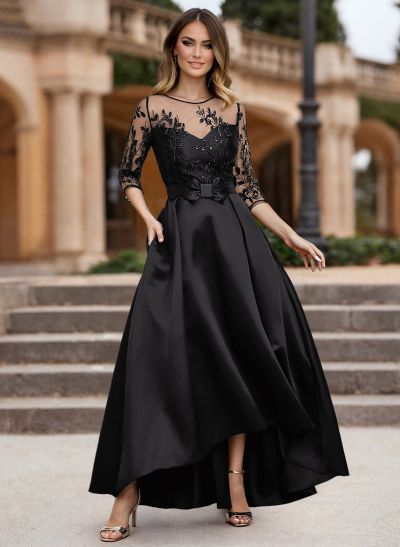 A-Line Illusion Neck Satin Mother Of The Bride Dresses With Appliques Lace