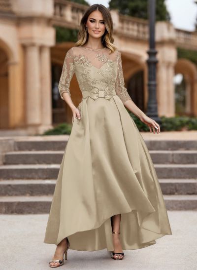 A-Line Illusion Neck Satin Mother Of The Bride Dresses With Appliques Lace