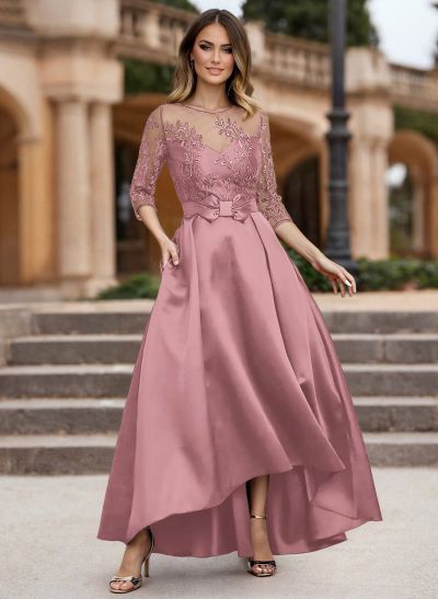 A-Line Illusion Neck Satin Mother Of The Bride Dresses With Appliques Lace