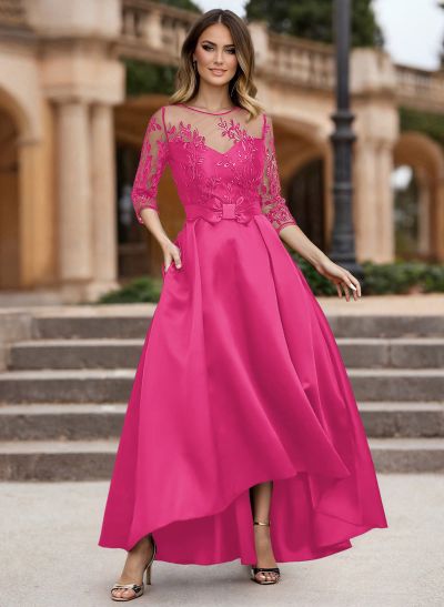 A-Line Illusion Neck Satin Mother Of The Bride Dresses With Appliques Lace