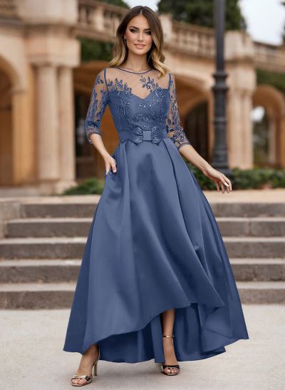 A-Line Illusion Neck Satin Mother Of The Bride Dresses With Appliques Lace