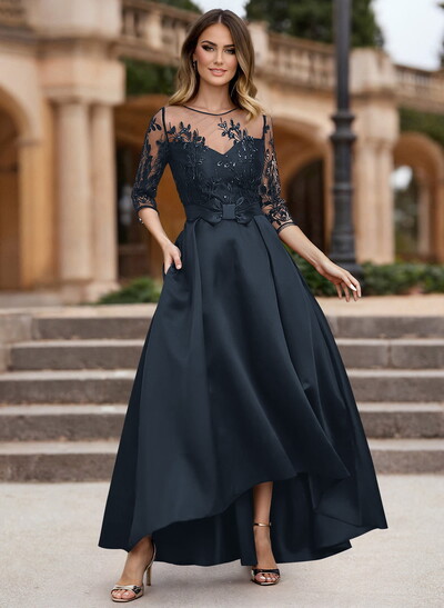 A-Line Illusion Neck Satin Mother Of The Bride Dresses With Appliques Lace