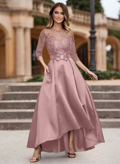 A-Line Illusion Neck Satin Mother Of The Bride Dresses With Appliques Lace
