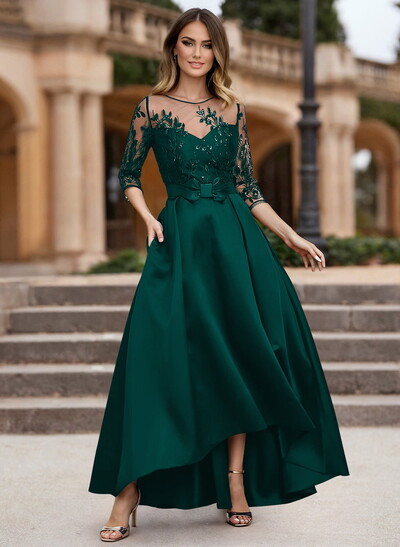 A-Line Illusion Neck Satin Mother Of The Bride Dresses With Appliques Lace