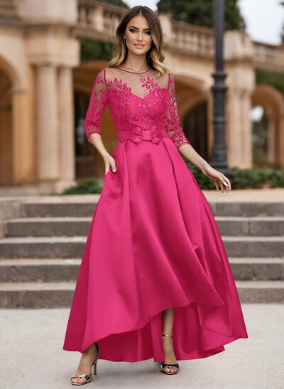 A-Line Illusion Neck Satin Mother Of The Bride Dresses With Appliques Lace