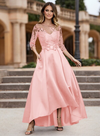 A-Line Illusion Neck Satin Mother Of The Bride Dresses With Appliques Lace