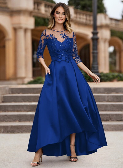 A-Line Illusion Neck Satin Mother Of The Bride Dresses With Appliques Lace