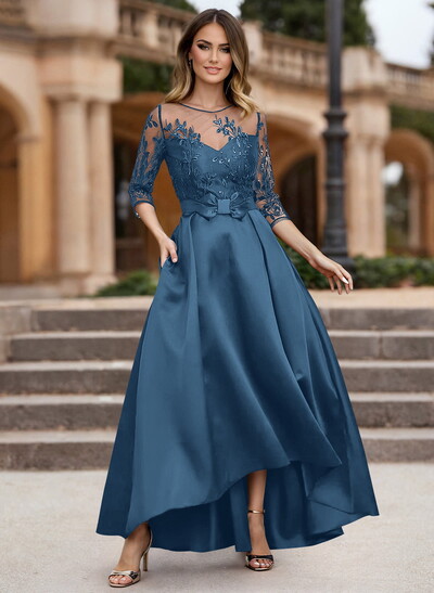 A-Line Illusion Neck Satin Mother Of The Bride Dresses With Appliques Lace