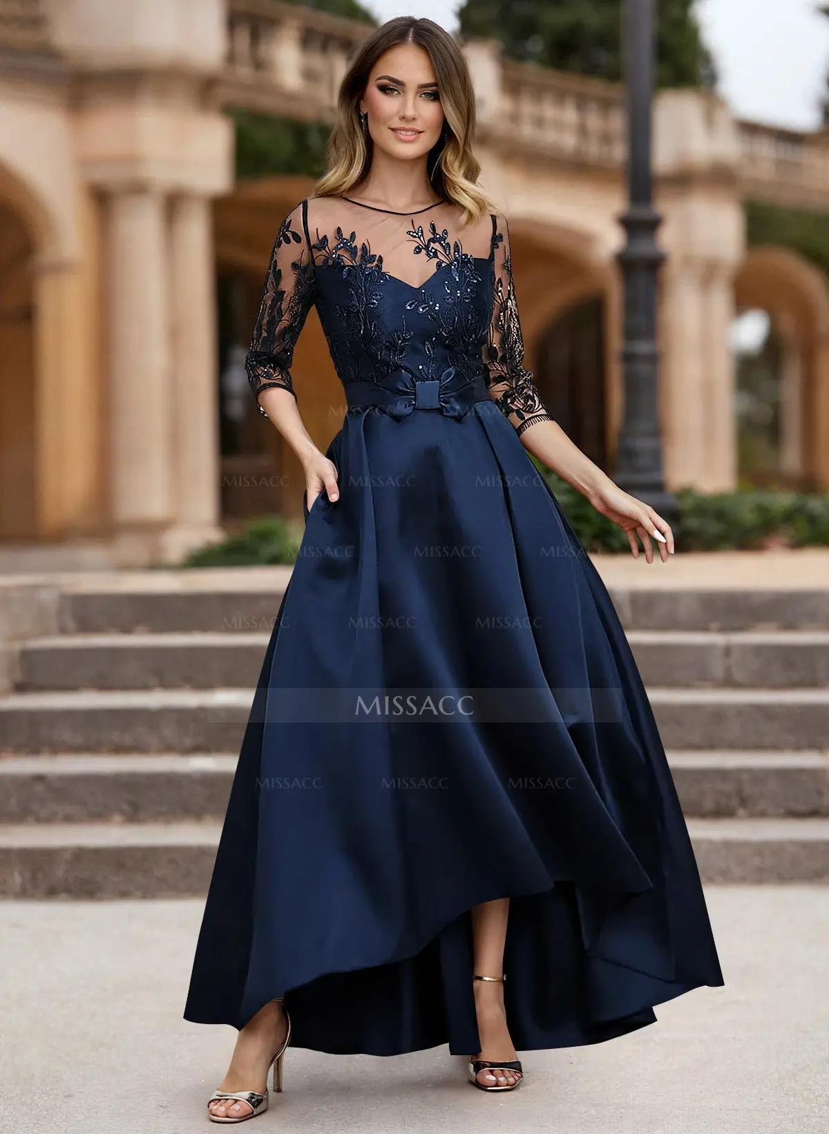 tea length navy blue mother of the bride dress Dresses 3/4 Sleeves Mother Of The Bride with 3D Flowers Line Lace Tea Elegant V-Neck Ruched Bust Navy