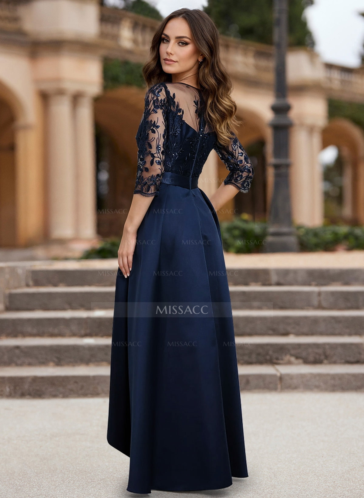 A-Line Illusion Neck Satin Mother Of The Bride Dresses With Appliques Lace