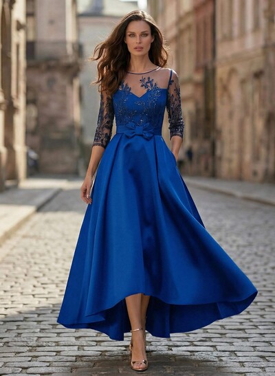 A-Line Illusion Neck Satin Mother Of The Bride Dresses With Appliques Lace