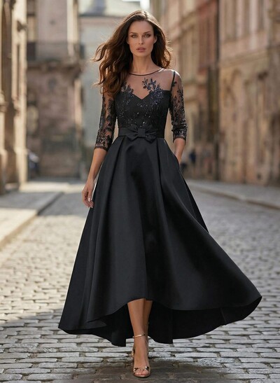 A-Line Illusion Neck Satin Mother Of The Bride Dresses With Appliques Lace
