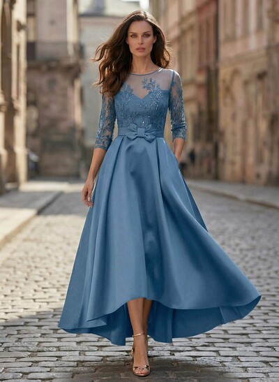 A-Line Illusion Neck Satin Mother Of The Bride Dresses With Appliques Lace