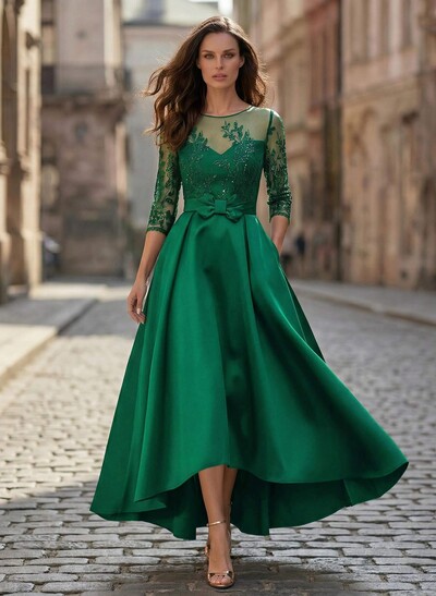 A-Line Illusion Neck Satin Mother Of The Bride Dresses With Appliques Lace