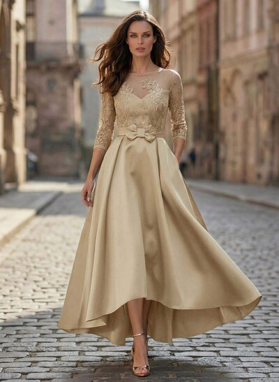 A-Line Illusion Neck Satin Mother Of The Bride Dresses With Appliques Lace