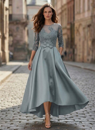 A-Line Illusion Neck Satin Mother Of The Bride Dresses With Appliques Lace