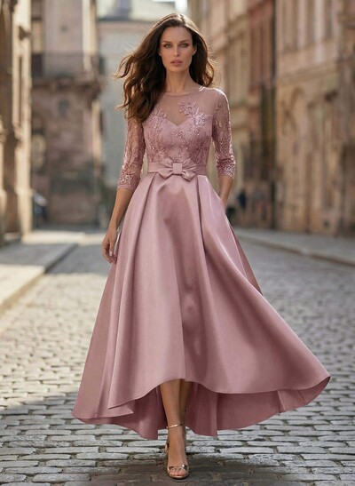 A-Line Illusion Neck Satin Mother Of The Bride Dresses With Appliques Lace