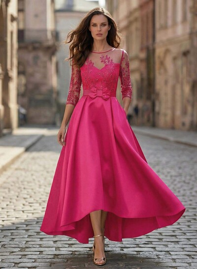 A-Line Illusion Neck Satin Mother Of The Bride Dresses With Appliques Lace