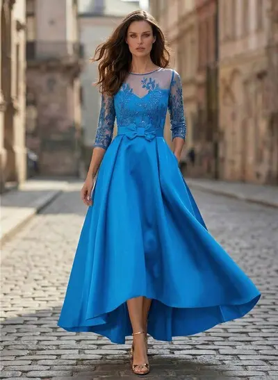 A-Line Illusion Neck Satin Mother Of The Bride Dresses With Appliques Lace  - Missacc