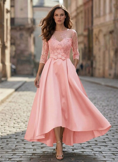 A-Line Illusion Neck Satin Mother Of The Bride Dresses With Appliques Lace
